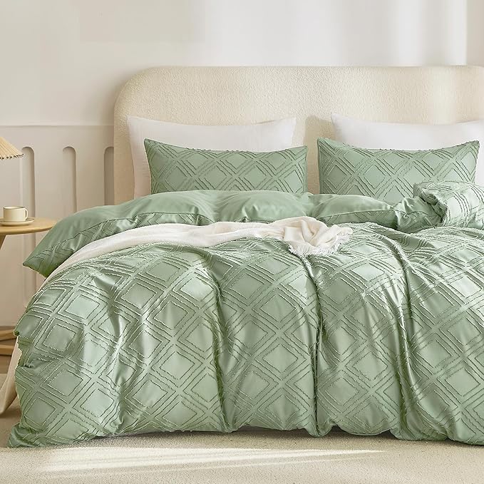 JELLYMONI Duvet Cover Twin Size Light Green - 3PCS Boho Duvet Cover Set Plaid Polyester Tufted Bohemian Jacquard Knit Textured Comforter Cover 68×90in Rhombic Geometric Pattern Corner Ties & Zipper