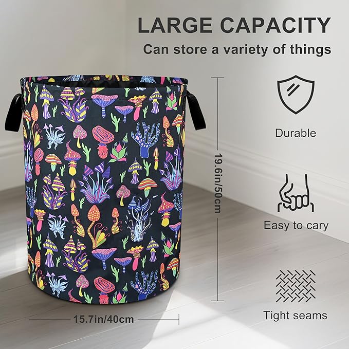 Mushroom Laundry Basket Foldable Oxford Cloth Tote Bag Laundry Hamper Clothes Storage Bucket Organizer For Bathroom/Laundry Storage/Bedroom 19.6x15.7 Inch
