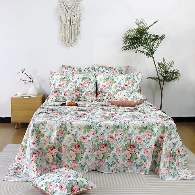 FADFAY Sheets Set Full Pink Rose Floral Bedding Romantic French Country Peony Floral Sheets Vintage Farmhouse Bedding 100% Cotton Soft Breathable Set with Deep Pocket Fitted Sheet 4Pcs, Full Size