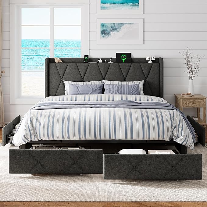King Size Bed Frame with 4 Storage Drawers, Upholstered Platform Bed with Charging Station, Modern Wingback Storage Headboard, Easy Assembly,Noise-Free, Dark Gray