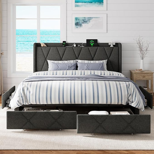 King Size Bed Frame with 4 Storage Drawers, Upholstered Platform Bed with Charging Station, Modern Wingback Storage Headboard, Easy Assembly,Noise-Free, Dark Gray
