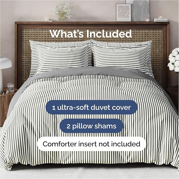 Duvet Cover Queen Size Set - Extra Soft Queen Size Duvet Cover 90 x 90 with 2 Pillow Shams - Hotel Luxury Easy Care & Fade Free w/Zipper Closures & Ties - Comfy Breathable Bedding Set (Grey Stripes)
