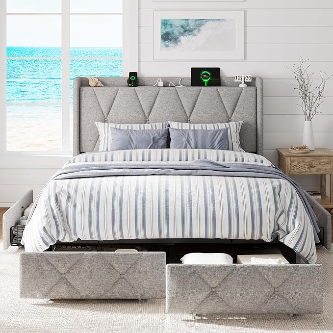 Queen Bed Frame with 4 Storage Drawers, Upholstered Platform Bed with Charging Station, Modern Wingback Storage Headboard, Easy Assembly,Noise-Free, Light Gray