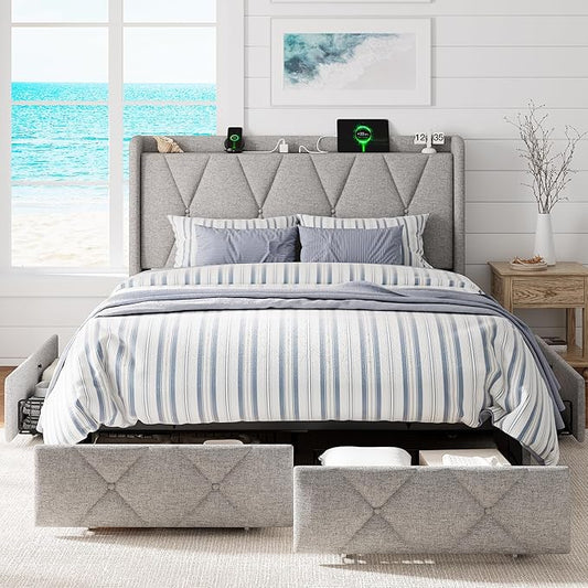 Queen Bed Frame with 4 Storage Drawers, Upholstered Platform Bed with Charging Station, Modern Wingback Storage Headboard, Easy Assembly,Noise-Free, Light Gray