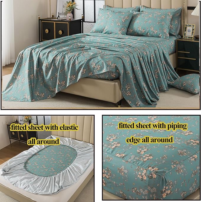 FADFAY 100% Percale Cotton Sheets Set - Vintage Floral & Butterfly Print Bedding - Crisp, Breathable Teal Aqua 4 Piece Sheet Set with Deep Pocket, King Size