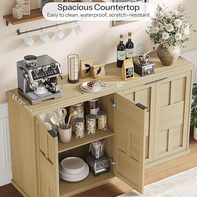 Sideboard Buffet Cabinet with Storage, 60" Modern Farmhouse Accent Cabinet with Geometric Fluted Doors & Magnetic Catch, Wood Coffee/TV Console Table Credenza for Kitchen, Living Room (Oak)