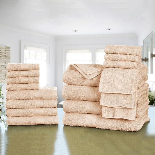 Ample Decor Bathroom Towel Set of 18-4 Hand Towel, 4 Bath Towel, 10 Wash Cloths - Oeko Tex Certified 600 GSM 100% Cotton - High Absorbency Quick Drying, Ideal for Gifting - Beige