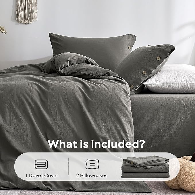 JELLYMONI 100% Washed Cotton Duvet Cover Full – Soft, Breathable Linen-Look Bedding with Natural Wrinkle Texture, Button Closure, 3-Piece Set (Dark Grey, 80"x90")