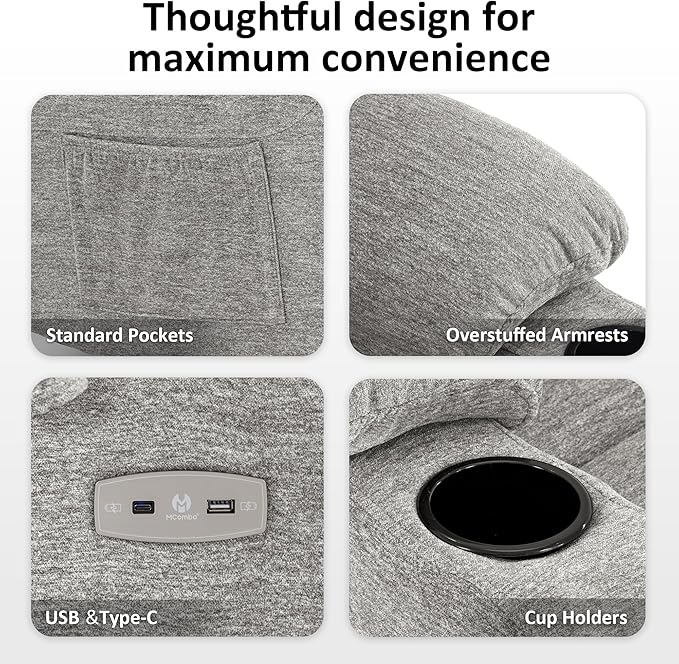 MCombo Oversized Power Lift Recliner Chair with Extended Footrest, Extra Wide 27.2" for Big and Tall Elderly People, Fabric R7289 (Light Grey, Medium-Oversize)