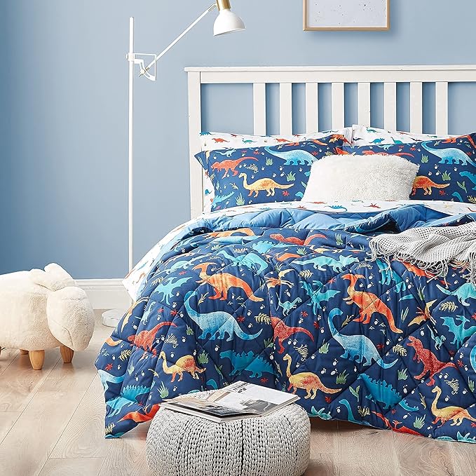 Dinosaur Kids Bedding Set for Boys, Queen Size 7 Pieces Bed in a Bag, Super Soft Lightweight Microfiber Comforter Set with Sheets, Durable Children Bed Set