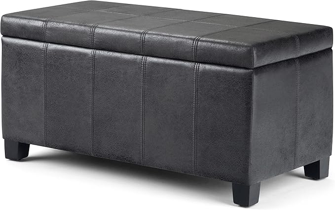 SIMPLIHOME Dover 36 inch Wide Contemporary Rectangle Storage Ottoman Bench in Distressed Black Vegan Faux Leather, Assembled, For the Living Room, Entryway and Family Room