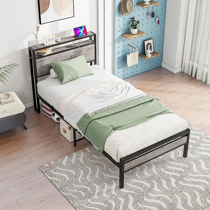 HOJINLINERO Twin Bed Frame with Storage Headboard and Charging Station, Twin Size, Heavy Duty Metal Slats, No Box Spring Needed, Dark Grey