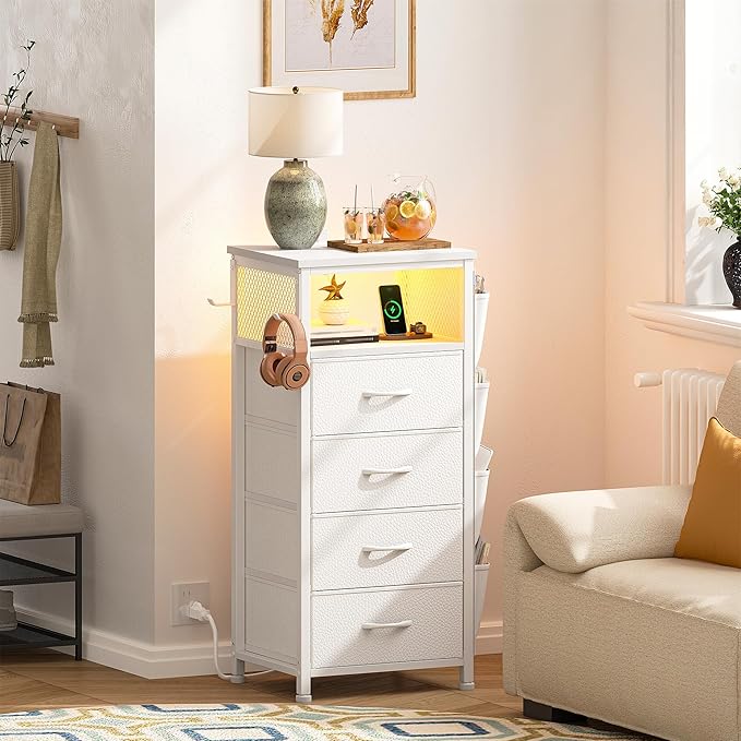EnHomee White Nightstand Set of 2,LED Night Stand with Charging Station,Fabric Dresser for Bedroom, Hallway, Entryway, Living Room, Closet, Sturdy Steel Frame, Wood Top, Cloth Bags, Hooks, White