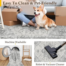 Gray 8x10 Area Rug Washable Vintage Living Room Carpet Non Slip Retro Distressed Low Pile Soft Oriental Medallion Thin Large Grey Throw Rug for Office Bedroom Dining Room Playroom