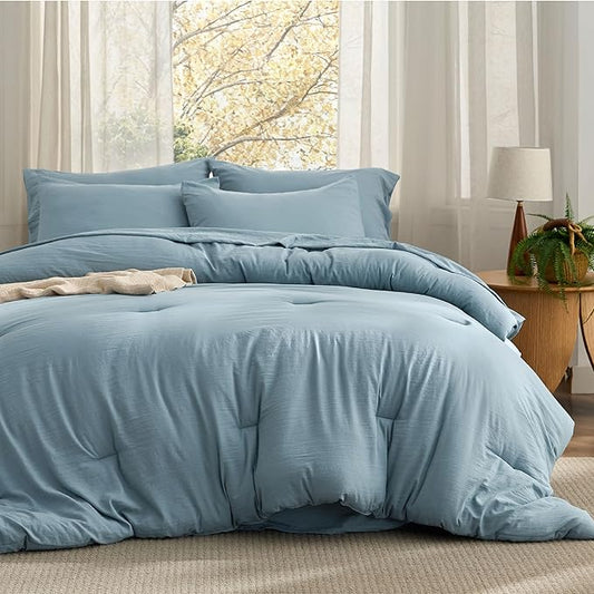 Bedsure Full Size Comforter Set, Dusty Blue Soft Prewashed Bedding for All Seasons, 7 Pieces Warm Winter Down Alternative Bed Set, Fluffy Bed in a Bag with Sheets, Pillowcases & Shams