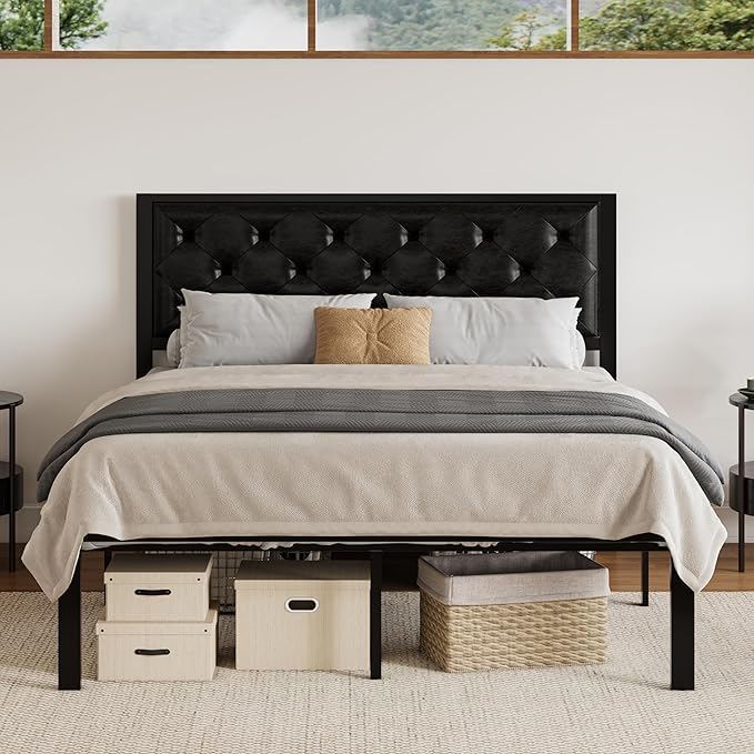 SHA CERLIN Full Size Metal Platform Bed Frame, PU Leather Upholstered Button Tufted Headboard, Mattress Foundation with 12.4” Under-Bed Storage, Noise-Free, Easy Assembly, No Box Spring Needed, Black
