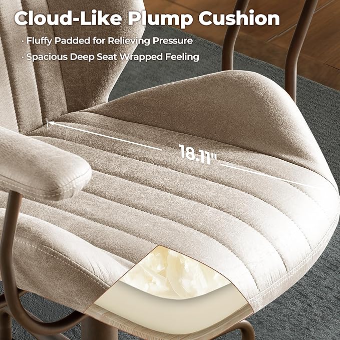 ovios Ergonomic Office Chair, Mid Back Faux Leather Executive Chairs with Armrests, Comfy Mid-Century Modern Swivel Rolling Computer Armchair (Beige, Suede Leather)