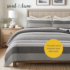 Soul & Lane Madrona 3-Piece Pieced Cotton Quilt Set - Queen Size with 2 Shams, Modern Masculine Quilted Bedspread in Brown and Gray, Contemporary Striped Bedding for Men's Bedroom