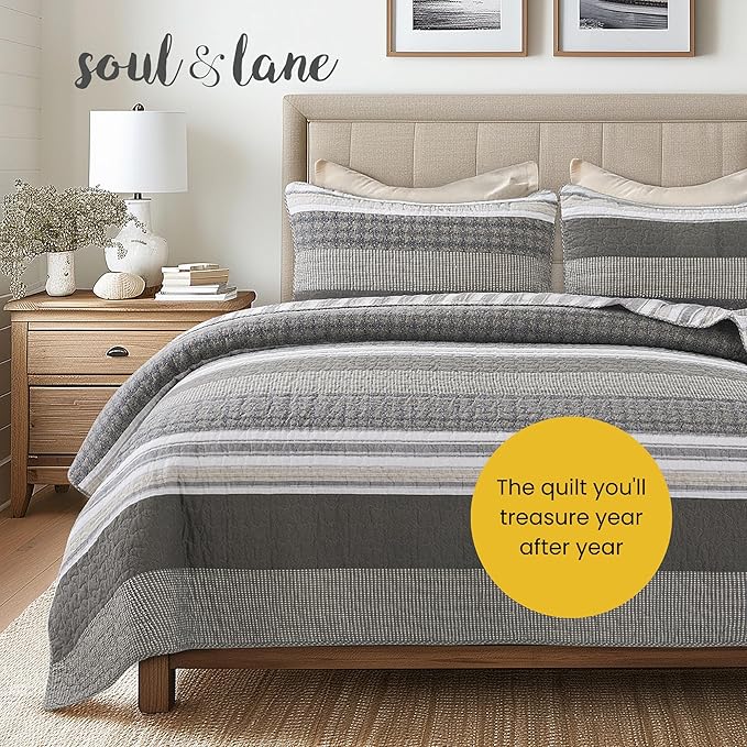Soul & Lane Madrona 3-Piece Pieced Cotton Quilt Set - King Size with 2 Shams, Modern Masculine Quilted Bedspread in Brown and Gray, Contemporary Striped Bedding for Men's Bedroom