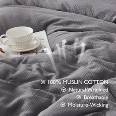 EMME Muslin Cotton Duvet Cover Set Dark Grey Queen Size Linen Like Soft Breathable Lightweight Summer Comforter Cover Set with Zipper Closure (Dark Grey, Queen, 90