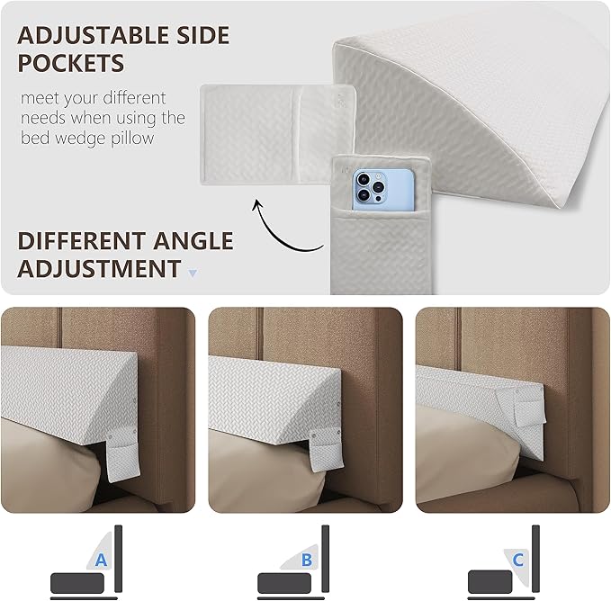 Bed Wedge Pillow for Headboard Gap Bed Mattress Gap Filler (0-8") Between Headboard/Wall and Mattress White Full Size Foam Support Triangle Bloster Pillow Stoppers with 2 Pockets