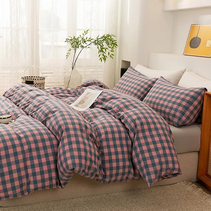 ECOCOTT Duvet Cover Set, 100% Washed Cotton Linen-Like Soft & Breathable, Durable Comfy Bedding Set for All Seasons King Size, Purple Pink Plaid