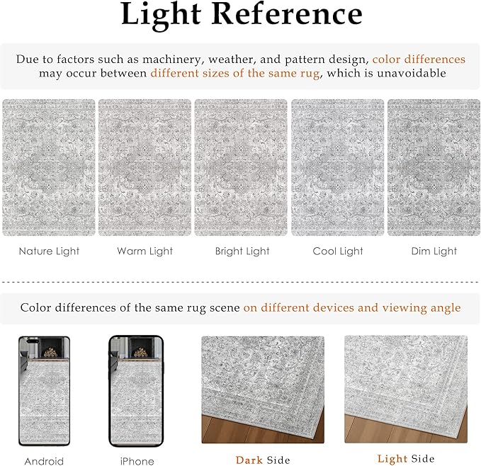 Gray Area Rug 5x7 for Living Room Washable Vintage Carpet Low Pile Non Slip Distressed Soft Traditional Retro Oriental Grey Accent Throw Rug Office Kitchen Bedroom Bathroom Dining Room