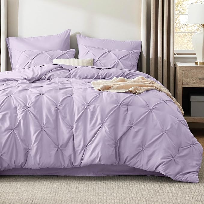 Bedsure Full Comforter Set Light Purple - Bed in a Bag Full Size Bedding Set 7 Pieces, GentleSoft™ Pintuck Bed Set Gift for Family, Pinch Pleat All Season Comforter with Sheets, Pillowcases & Shams
