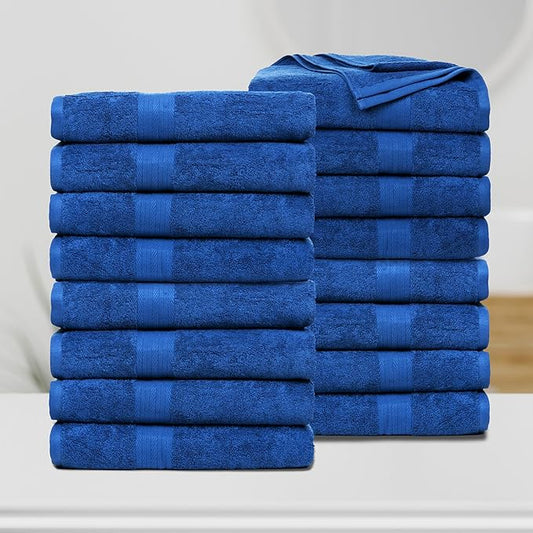 Ample Decor Bath Towels Set of 16 600 GSM 100% Cotton, Absorbent Soft Premium Quality Machine Washable, for Bathroom, Hotel, Spa, Gym, Kitchen - Navy Blue- 30 X 54 Inch