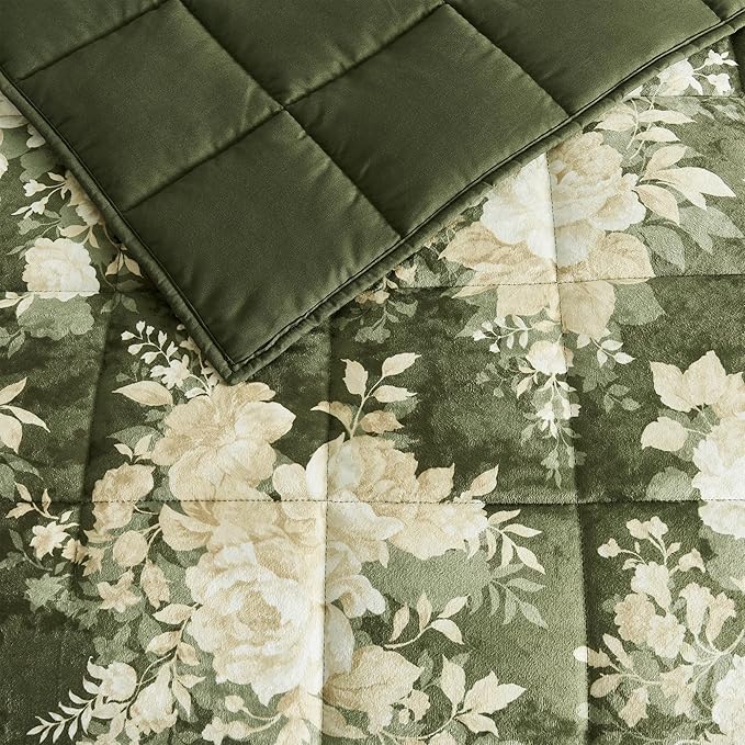 Wonderful Velvet Quilt Set, Box Stitched Army Green Velvet Lightweight Comforter Queen, Elegant Floral Printed, Pet-Friendly, Luxury Soft Cozy Bedspread Coverlet Bedding Set for All Season, 94"x94"