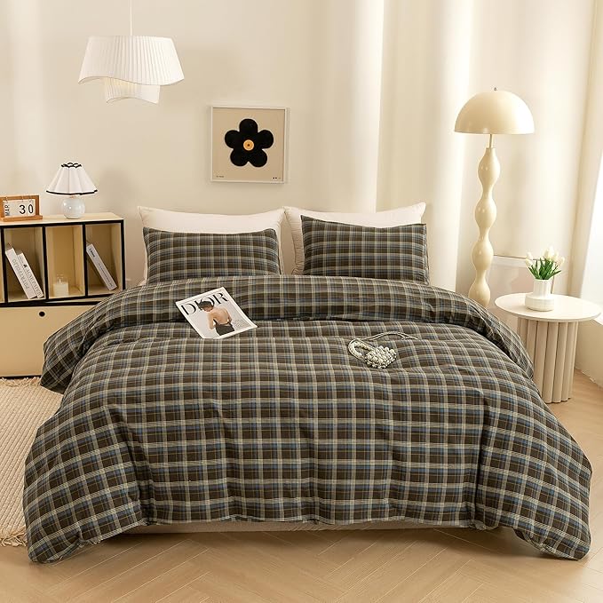 ECOCOTT Buffalo Plaid Duvet Cover King Size – 3 Piece Washed Cotton Brown & Blue Bedding Set, Soft & Breathable, Reversible Checkered Design with Zipper Closure & Corner Ties