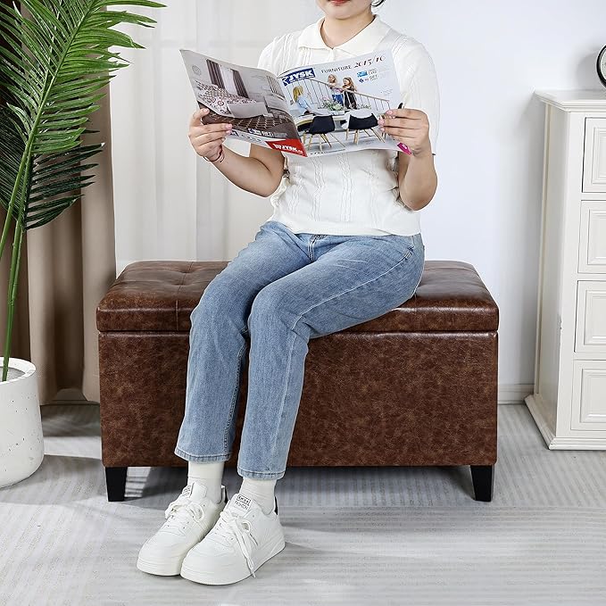 Joveco Storage Ottoman Bench, 33 Inches Faux Leather Rectangle Tufted Foot Stool for End Foot of Bed, Bedroom, Living Room, Walnut