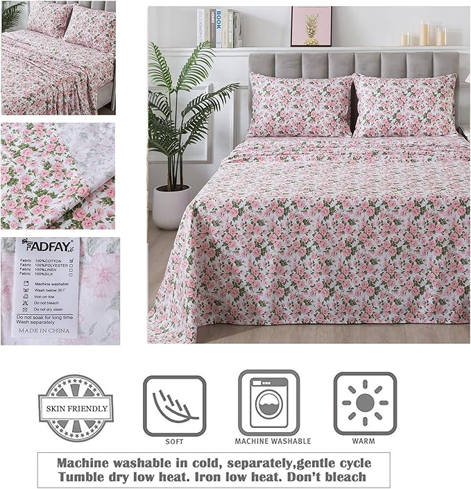 FADFAY Sheets Set Queen Pink Rose Floral Bedding Rustic Peony Flower Bed Sheet Set Vintage Farmhouse Bedding 100% Cotton Soft Breathable Collection with Deep Pocket Fitted Sheet 4Pcs, Queen Size