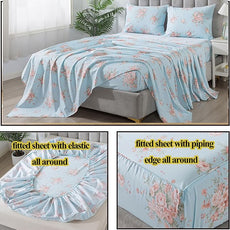 FADFAY Sheets Set Queen Blue Rose Floral Bedding Rustic Peony Flower Bed Sheet Set Vintage Farmhouse Bedding 100% Cotton Ultra Soft Breathable Beddings with Deep Pocket Fitted Sheet 4Pcs, Queen Size