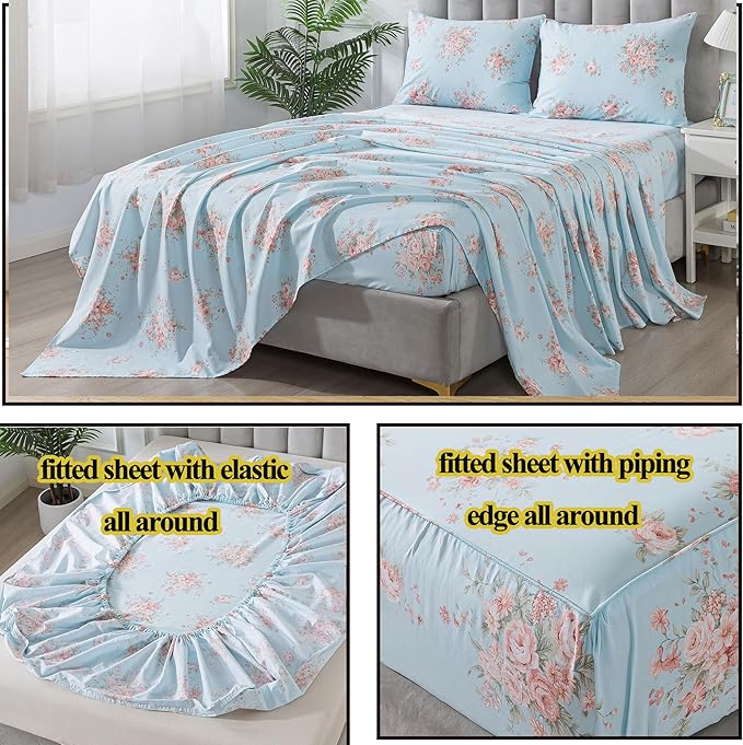 FADFAY Sheets Set Twin XL Blue Rose Floral College Bedding Rustic Peony Dorm Sheets Vintage Farmhouse Bedding 100% Percale Cotton Breathable Sheet with Deep Pocket Fitted Sheet 4Pc, Twin XL Size