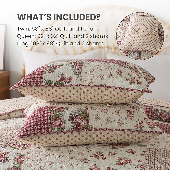 SLPR Country Roses Patchwork Cotton Pieced Quilt Set - Queen Size with 2 Shams, French Country Style Floral Bedding, Red Rose Farmhouse Quilted Bedspread with Flower Pattern