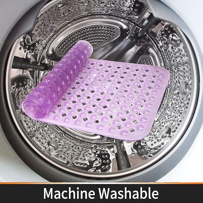 Yimobra Bathtub Mat Non Slip, Super Strong Suction Cups, 27.5"x15.5" Long Shower Mat with Drain Holes, Machine Washable Fast Draining Bath Mats, Bathroom Essentials,Clear Purple