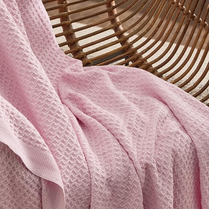 Bedsure Gentlesoft 100% Cotton Blanket Queen Size for Bed - Breathable and Soft, Thick Cozy Waffle Weave Christmas Blanket Gift for Women, Pink, 90x90 Inches