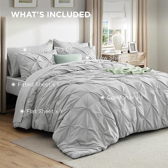 Bedsure California King Comforter Set - Bed in a Bag Cal King Bedding Set 7 PCS, GentleSoft™ Pintuck Bed Set Gift for Family, Pinch Pleat Light Grey Comforter with Sheets, Pillowcases & Shams