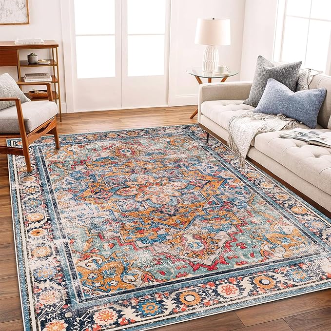 Washable Area Rug 10'x14' Boho Chic Medallion Distressed Design Non-Shedding Easy Care Ideal for High Traffic Areas in Living Room Bedroom Office Coffee Table Large Carpet