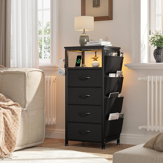 EnHomee Black Nightstand Set of 2,Night Stand with Charging Station & LED, Bedside Table with Fabric Drawers and Storage Shelf, Sturdy Steel Frame, Wood Top, Cloth Bags, Hooks, Black