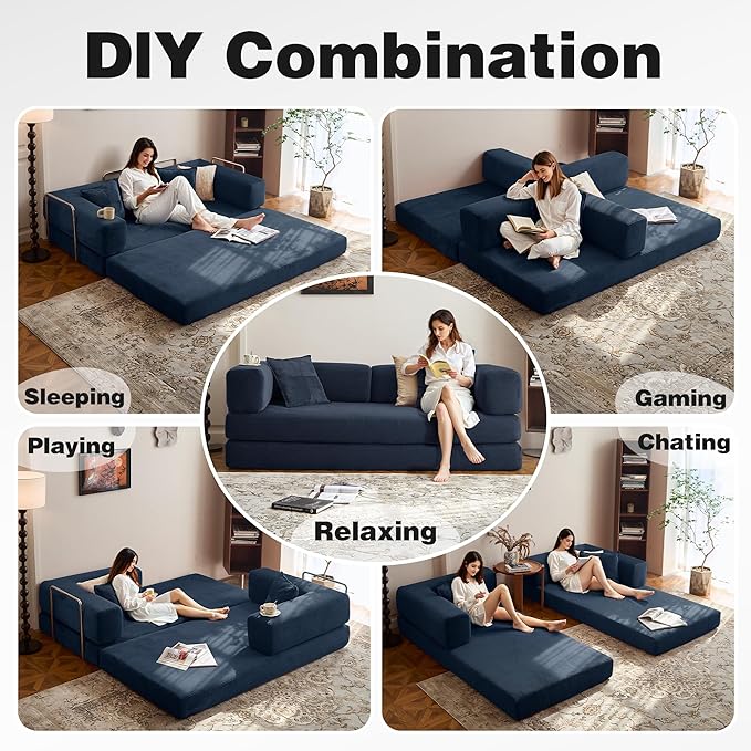78.8" Convertible Sofa Bed -Compression Sofa with Corduroy Fabric - with Armrests and Backrest - Modular Sectional for Living Room, Bedroom, Studio - Compression Sofa in Box (Dark Blue)