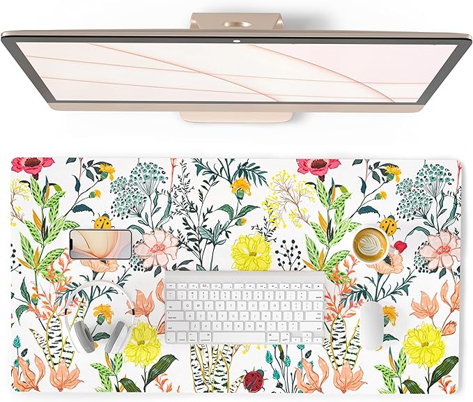 QIYI Floral Large Mouse Pad, Colorful Desk Mat for Desktop, Women Girls Desk Accessories Office Décor, PU Leather Waterproof Big Gaming Mousepad, Blooming Flowers Desk Pad Computer Mat, 31.5" x 15.7"