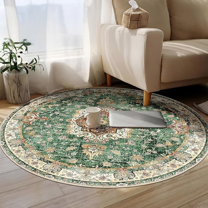 Green Round Rug 5ft, Circle Boho Area Rugs for Bedroom Living Room Bedside,Washable Vintage Bohemian Distressed Oriental Floral Carpet Non Slip,Retro Sage Floral