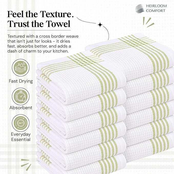 Lemon Green and White Waffle Kitchen Towels 12 Pack, 100% Cotton, 16x26 Inch, Super Absorbent, Reusable Fast Drying Dish Towels for Cleaning, Washing, Drying Dishes, Kitchen