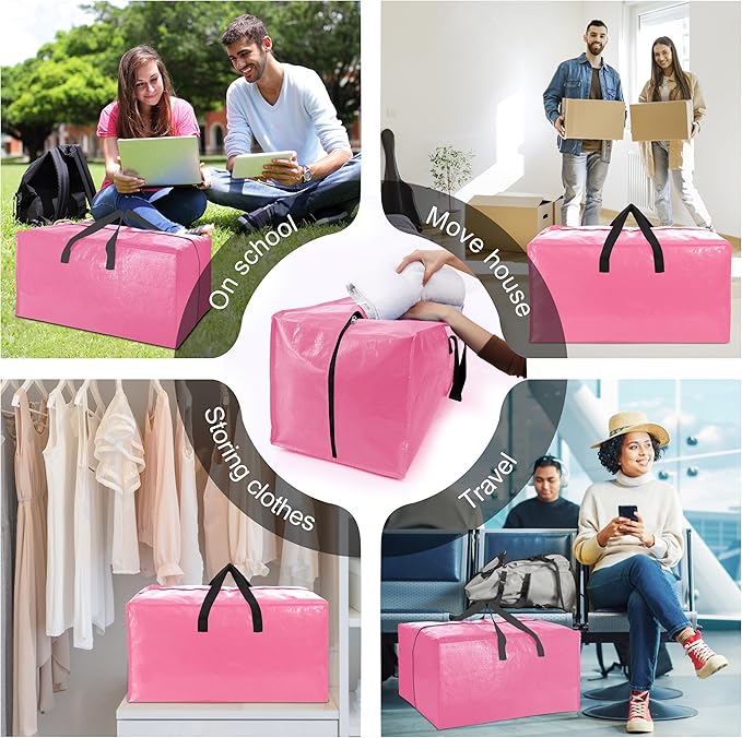 6 Pack Heavy Duty Large Moving Bags W/Backpack Straps - Strong Handles & Zippers, Storage Totes For Space Saving, Fold Flat, Alternative to Moving Box and Storage Bin, Pink