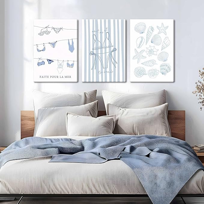 Trendy Coastal Canvas Wall Art Set of 3, Blue Bikini Granddaughter Room Wall Decor Paintings, Preppy Coastal Shell Girls Dorm Posters Prints Pictures for Living Room Bedroom 12x16 Inch Framed
