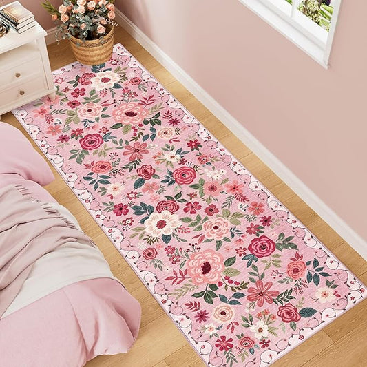 DUKINO 2x6 Kitchen Runner Rug for Hallway, Washable Runner Rug with Non Slip Backing, Low Pile Soft Boho Floral Carpet for Girls Room, Kitchen, Entryway, Laundry, Bedroom, Pink