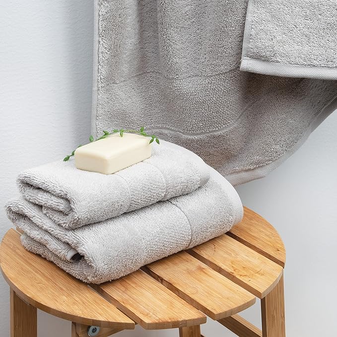 Aston & Arden Aegean Terry Bath Towels - Set of 2 - Ringspun Turkish Cotton Thick and Soft Absorbent Luxury Hotel and Spa Bathroom Towel, 600 GSM, 30 x 60 in, Light Grey