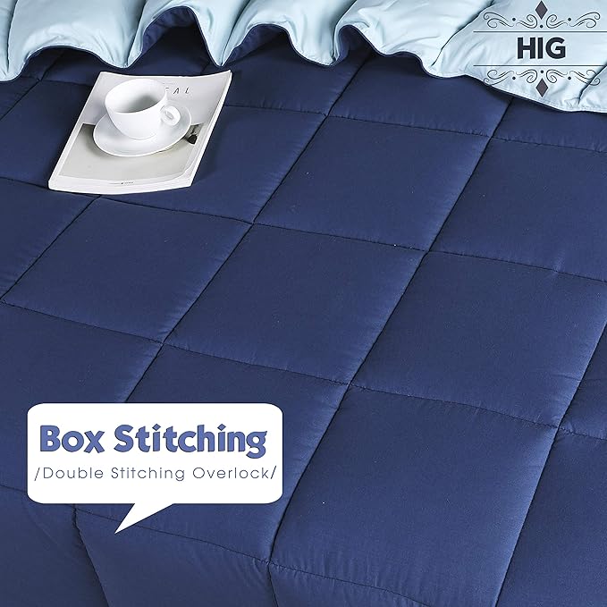 HIG 3pc Down Alternative Comforter Set - All Season Reversible Comforter with Two Shams - Quilted Duvet Insert with Corner Tabs - Box Stitched - Breathable, Soft (Full/Queen, Navy/Light Blue)